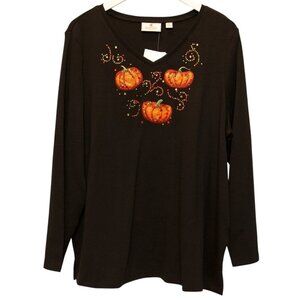 QUACKER FACTORY Pumpkin Embroidered Top Size XL Black Long Sleeve Tee NWT